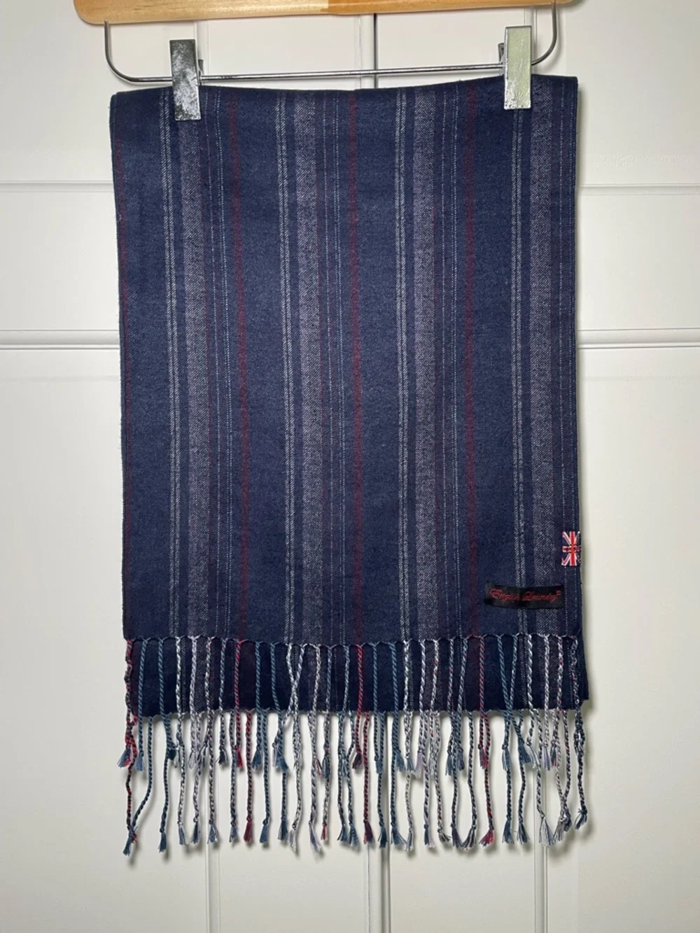 English Laundry 100% Silk Dark Navy Scarf with Gray and Red Stripes